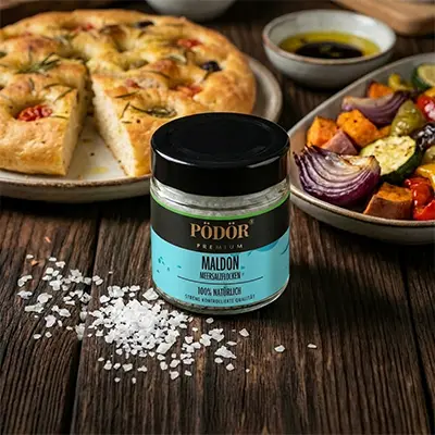 Pödör só üvegben zöldséges quiche mellett.